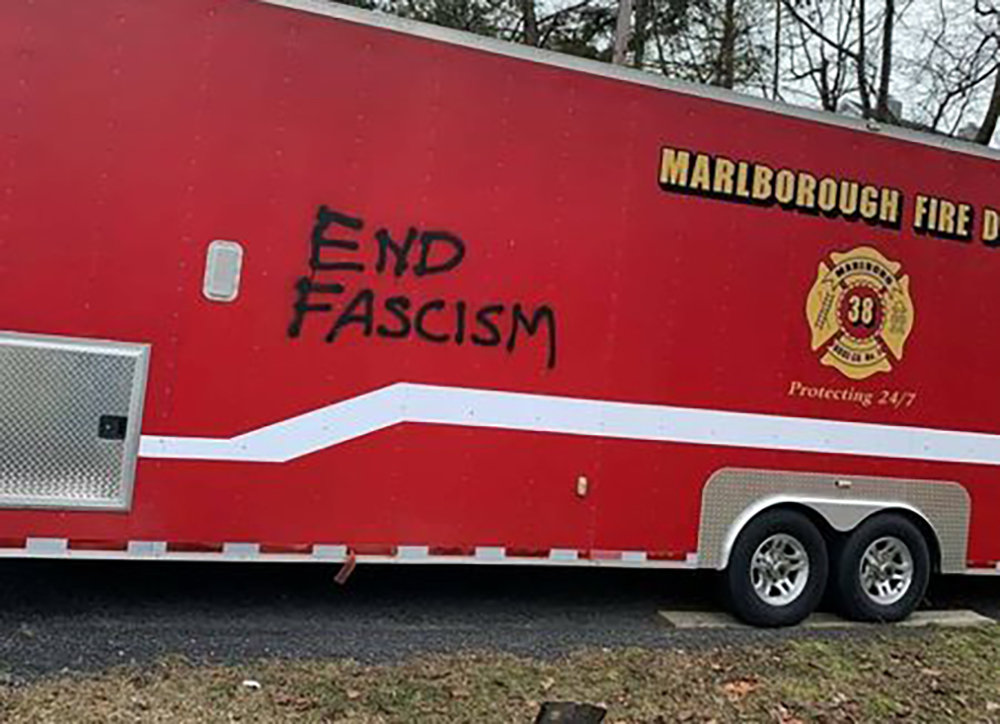 Graffitti on the Marlboro Fire Department trailer.
